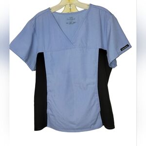 Cherokee Flexibles Ceil Blue & Black V-neck Knit Panel Scrub Top Size Large